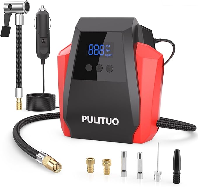 PULITUO Tire Inflator Portable Air Compressor - Car Accessories 12V DC Air Pump for Car Tires with Digital Pressure Gauge, Emergency LED Light for Wheel,Bike, Ball, Motor