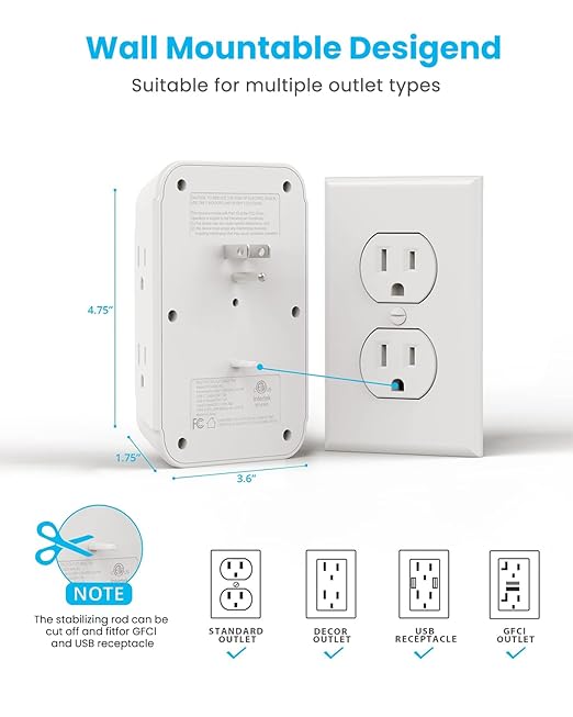 [2-Pack] Surge Protector Outlet Extender, VINTAR 6 Outlet Splitter with 3 USB Charging Ports (2 USB C),900J Multi Plug Outlet Power Strip, 3-Sided Usb Wall Charger for Home Office Dorm Room Essentials