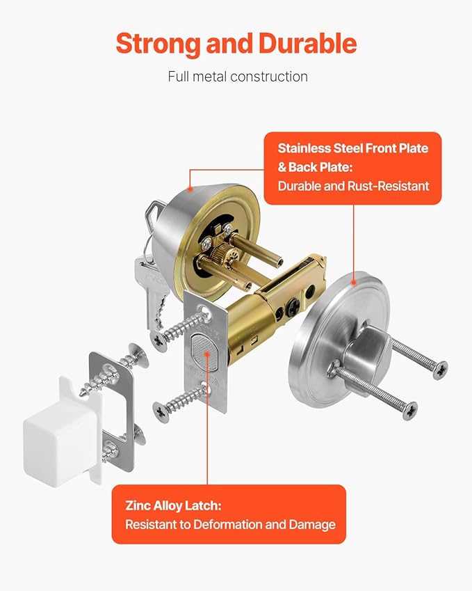 VEVOR Deadbolt Lock, Round Single Cylinder Dead Bolt, Keyed 1 Side, Fits Standard Size Interior and Exterior Doors, Full Metal, with 3 Keys, for Front Entry Door Residential Security, Satin Nickel