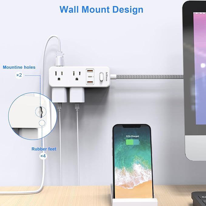 Power Strip Surge Protector, 5Ft Flat Plug Extension Cord with Multiple Outlets, 6 Outlets with 3 USB Ports(1 USB C), 3-Side Outlet Extender, Wall Mount, Compact for Travel, Home, College Dorm Room
