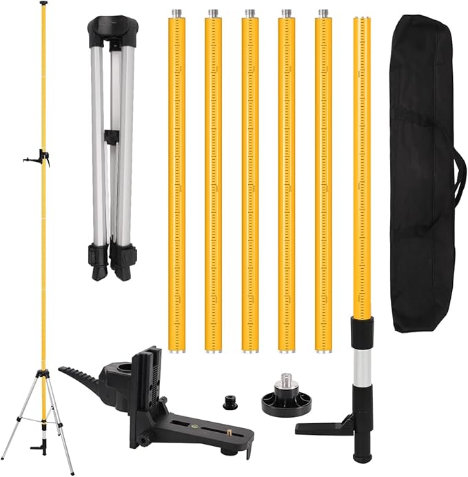 MOETER 13.8 Ft/4.2M Telescoping Laser Level Pole with Tripod - Adjustable Laser Level Stand for Rotary and Line Laser Level, Includes 1/4"-20 Mount & 5/8"-11 Adapter