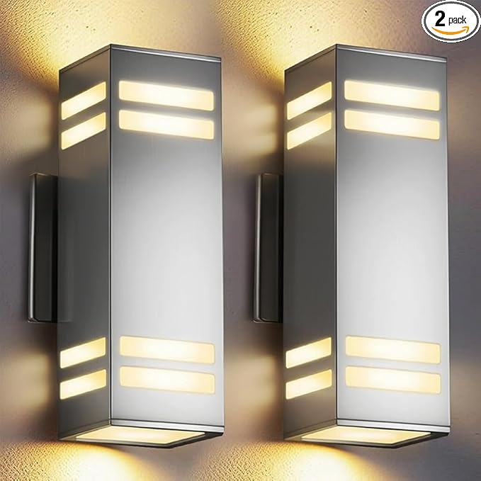 SHIMR Dusk to Dawn Outdoor Lighting 2 Pack, Up and Down Lights Stainless Steel Exterior Light Fixture with Photocell Sensor, Waterproof Modern Outside Lights for House Garage Porch, LED Bulbs Included