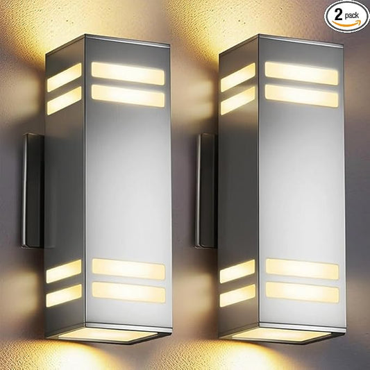 SHIMR Dusk to Dawn Outdoor Lighting 2 Pack, Up and Down Lights Stainless Steel Exterior Light Fixture with Photocell Sensor, Waterproof Modern Outside Lights for House Garage Porch, LED Bulbs Included