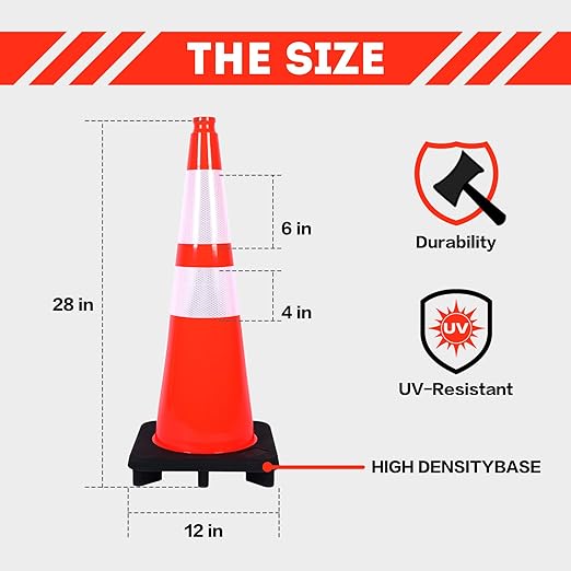 Traffic Cones 28 inch PVC Orange 8 Pack Heavy Duty Black Base Construction with Reflective Collars Fit Parking Lot,Driveway Road Traffic Control Safety Cones