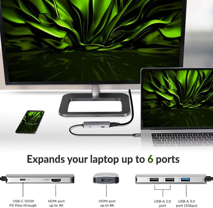 IOGEAR USB-C 6-in-1 Travel Dock 8K Single Monitor Nano Dock Pro Up to 4K in Dual Display Mode, Dual Monitors Thunderbolt 3 4 Compatible for Laptop GUD3C8K2P