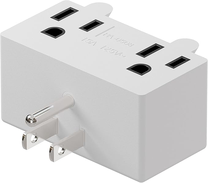 PA-0508W 90 Degree Right Angled USA Male-Female Power Adapter, 5-15P to 2 * 5-15R Direction Changer Space Save Adapter White