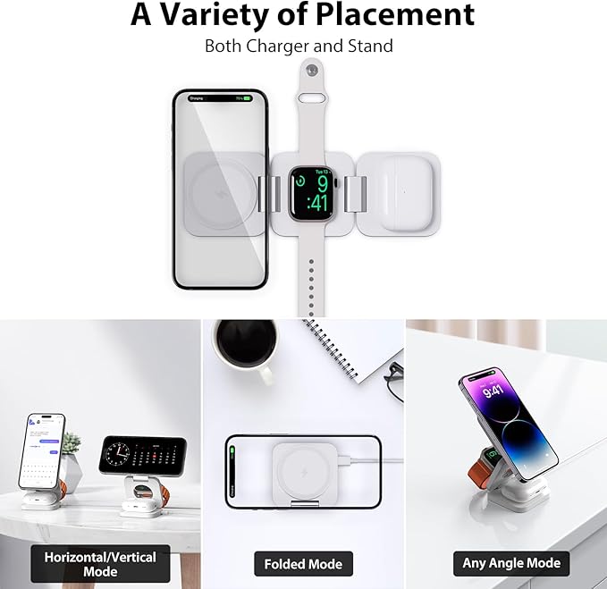 Fast Wireless Charger, Magnetic Foldable 3 in 1 Charging Station for iPhone 16/15/14/13/12/Pro/Plus/Pro Max, 5W Portable Charger for Apple Watch9/8/7/6/5/4/3/SE, for Airpods3/2/Pro-White