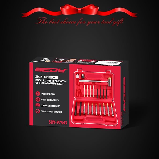 SEDY 22-Pieces Roll Pin Punch Set, Roll Pin Starter Punch, Brass, Steel, Plastic Punches, 4 Heads Hammer & 1 Plastic Tweezers. Red Storage Carrying Case provided