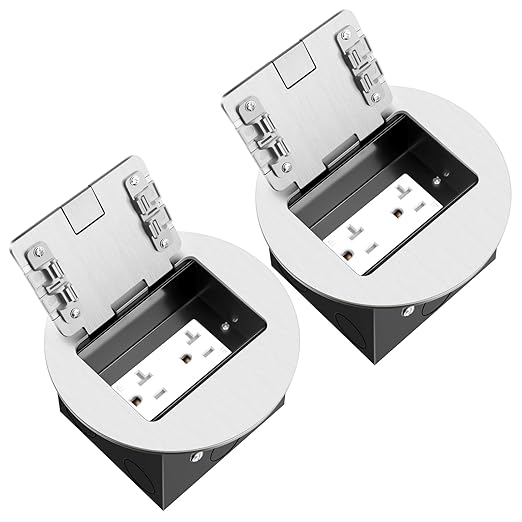 Vagueior Recessed Floor Electrical Outlet Kit, Circular Hidden Duplex 20A Tamper-Resistant Receptacle Outlet ，Waterproof Electrical Outlet Covcer Box, UL Certified,Silver（2 Pack