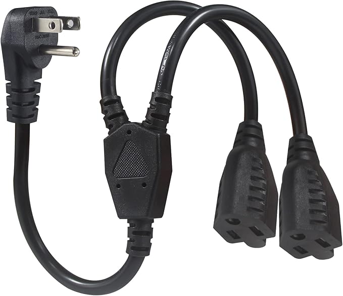 Power Cord Extension Y Splitter - 1 to 2 Way Outlet Adapter NEMA 5-15P 90-Degree Flat Plug to 2 X NEMA 5-15R with SJT 16AWG 3-Prong Cable Wire Extender Space Saver for Kitchen Home Office