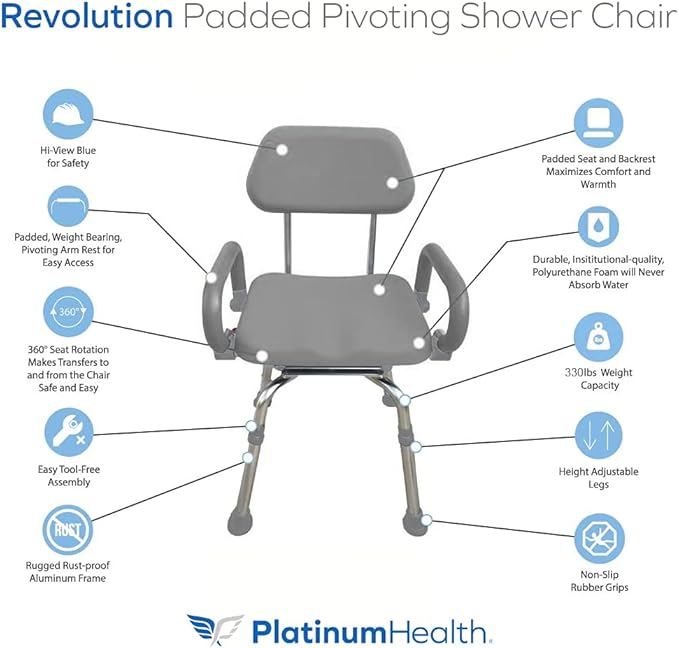 Platinum Health Revolution Pivoting Shower Chair for Bathtub, Adjustable Swivel Seat with Padded Back and Arms, Adjustable Space Saving Design for Tubs, Shower, for Elderly, Handicap & Seniors, Gray
