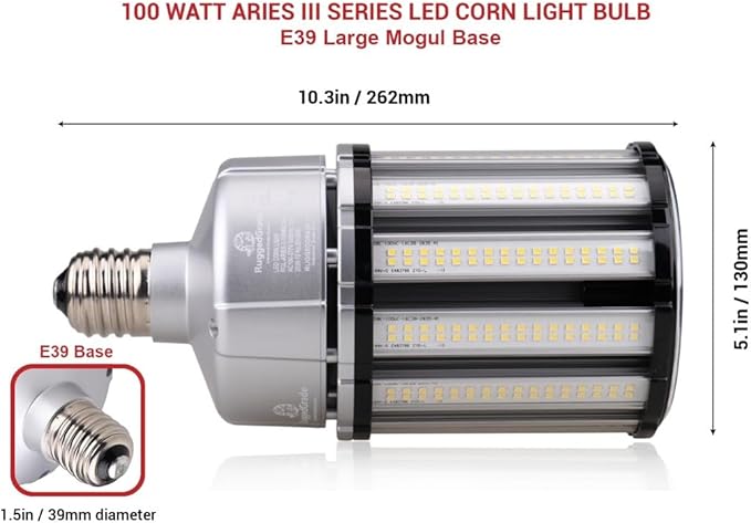 RuggedGrade Aries III Series 100W LED Corn Bulb | 13,400 Lumens | 3000K Color | E39 Base | Built-in 6KV Surge Protection | Dimmable | DLC 5.1 Premium