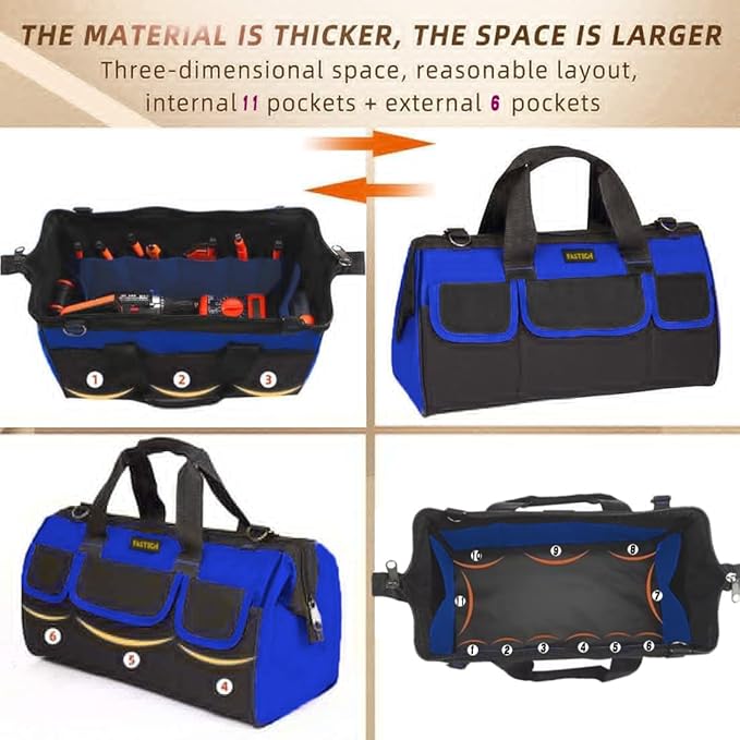 20 Inch Heavy Duty Tool Bag with Wide Mouth for Tool Storage,Carrier and Organizer,Tool Bag for Men/Women, Wide Mouth Tool Bag with Inside Pockets (20 Inch)