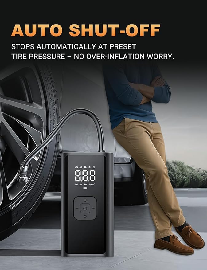 Tire Inflator Portable Air Compressor, 150 PSI Cordless Air Pump with Digital Pressure Gauge Auto Shutoff LED Lights for Cars Motorcycles Bikes Balls