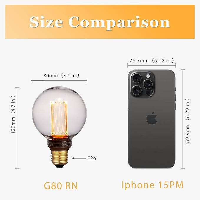 Globe Edison LED Light Bulb, Vintage Decorative Dimmable Bulb, Small Round Glass Cover, 3.5W Low Lumen Eye-Caring Soft Dim Lighting for Mood(Not Daylight White), E26 Medium Base, Clear RN G80