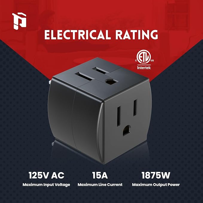 3 Outlet Wall Adapter, 90 Degree 3 Way Plug Adapter Cube Tap, 3 Prong Multi Plug Outlet, Outlet Extender for Home Office School Dorm, ETL Listed, Black