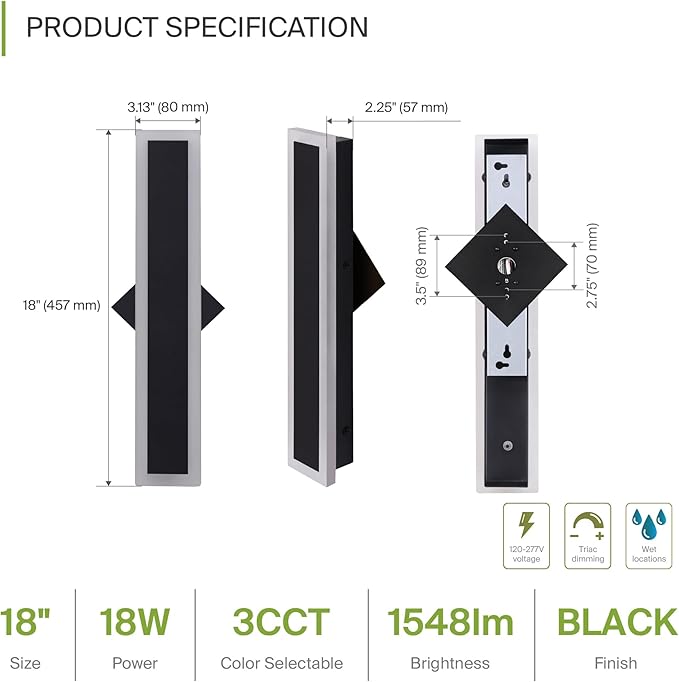 ASD LED 18" Long Wall Mount Light Fixture, Outdoor & Indoor Linear Sconce | 3CCT, Dimmable, Waterproof, Anti-Rust, ETL Listed | 18W 1500LM 3000-5000K 100-277V | Exterior Porch Lighting | Black, 2 Pack