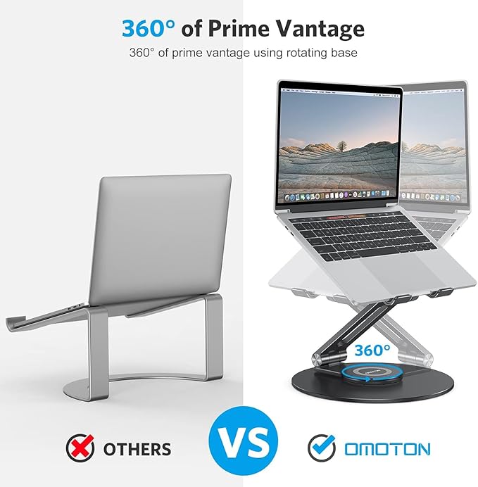 OMOTON Adjustable Laptop Stand with 360 Rotating Base, Ergonomic Laptop Riser for Collaborative Work, Dual Rotary Shaft Fully Foldable for Easy Storage, Fits All Laptops up to 16 inches, Black