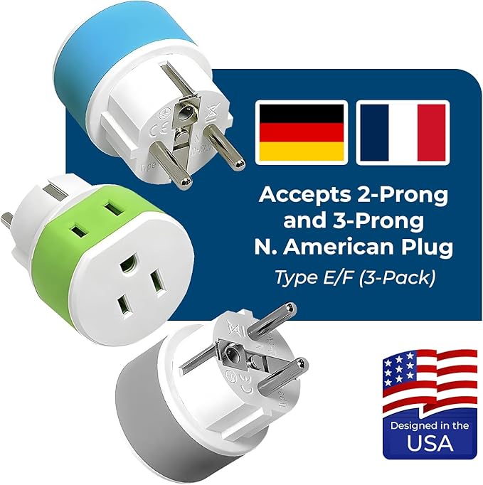 OREI Germany, France, Schuko Power Plug Adapter with 2 USA Inputs - Travel 3 Pack- Type E/F (US-9) Safe Grounded Use with Cell Phones, Laptop, Camera Chargers, CPAP, and More