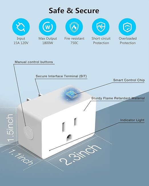 DAYBETTER Smart Plug 15A/1800W, Smart Plugs That Compatible with Alexa and Google Home, 2.4GHz WiFi Bluetooth Alexa Smart Plugs, Smart Outlet with APP Control, Timer & Schedule, 1Pack