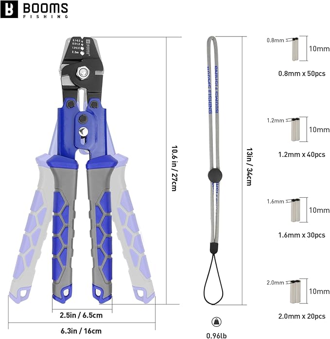 Booms Fishing Crimping Tool Kit: 10.6in Fishing Crimping Pliers with 140pcs Double Barrel Sleeves - Up to 2.2mm Crimper, XW40