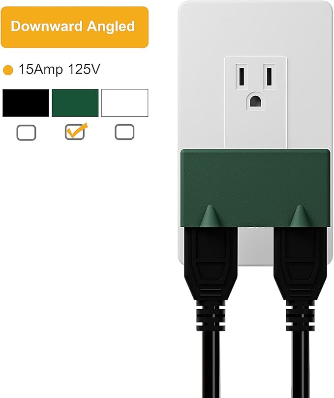 NEMA 5-15P to Dual 5-15R Adapter, Plugrand 90 Degree Downward Angled NEMA 5-15P Male to Female Adapter, Angled USA Power Adapter, 3 Prong Direction Changer Space Save Plug Green PA-0508G