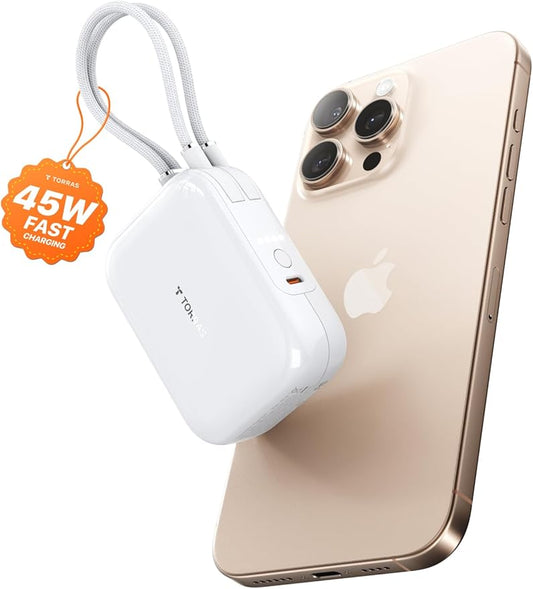 TORRAS 10000mah 45W Power Bank Portable Charger Fast Charging [Ultra Compact] Built in Cable USB C, Travel Essentials Phone Battery Pack Powerbank for iPhone 16 15, Samsung Google Moto etc