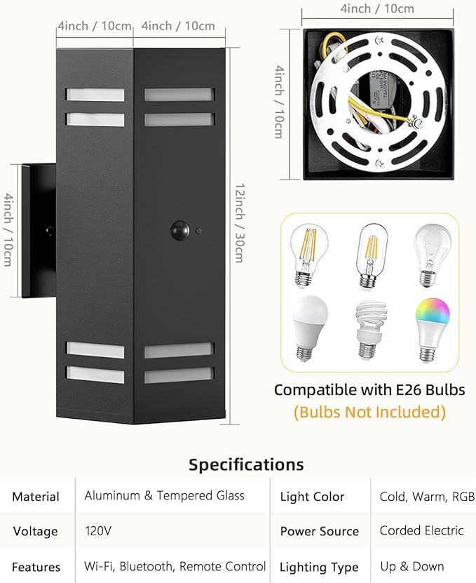 KIZON Motion Sensor Outdoor Lights, Modern Outdoor Wall Lights Black Exterior Lighting Fixture Wall Mount, Aluminum Motion Detector Lights for House Porch Front Door