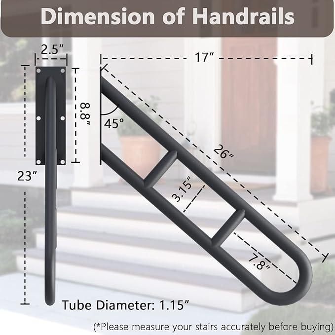 2 Pack Stair Handrails for 1-3 Steps, 26" Upgraded Porch Railing with Black Matte Finish, Wall Mounted Hand Railings for Stairs Outdoor and Indoor, Stair Railing Grab Bars for Garage,Porch,Garden