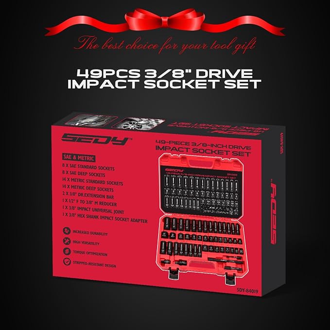3/8" Drive Impact Socket Set - 49-Piece SAE (5/16 to 3/4 inch) and Metric (8-22mm) Sizes with Extension Bars and Universal Joint Standard & Deep CR-V Material for High Durability Impact Wrench