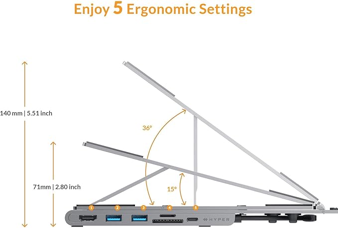 HyperDrive 7 in 1 USB C Hub Laptop Stand - HDMI 4K30Hz, USB-C 100W PD, USB-A 5Gbps, SD/MicroSD, Compatible with MacBook/iPad/Windows/Chrome - 10”-17” Laptop Docking Station Stand
