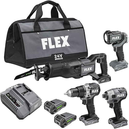 FLEX 24V Brushless Cordless 4-Tool Combo Kit: Drill Driver, Impact Driver, Reciprocating Saw, Work Light with (2) 2.5 Ah Lithium Batteries and 160W Fast Charger - FXM401-2A