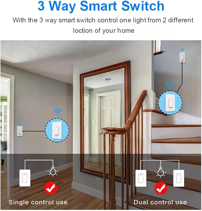 Nexete 3-Way Smart Wi-Fi Wall Light Switch Work with Amazon Alexa Google Assistant, Timing Function No Hub Required (3 Way Smart Switch 1- Pack)