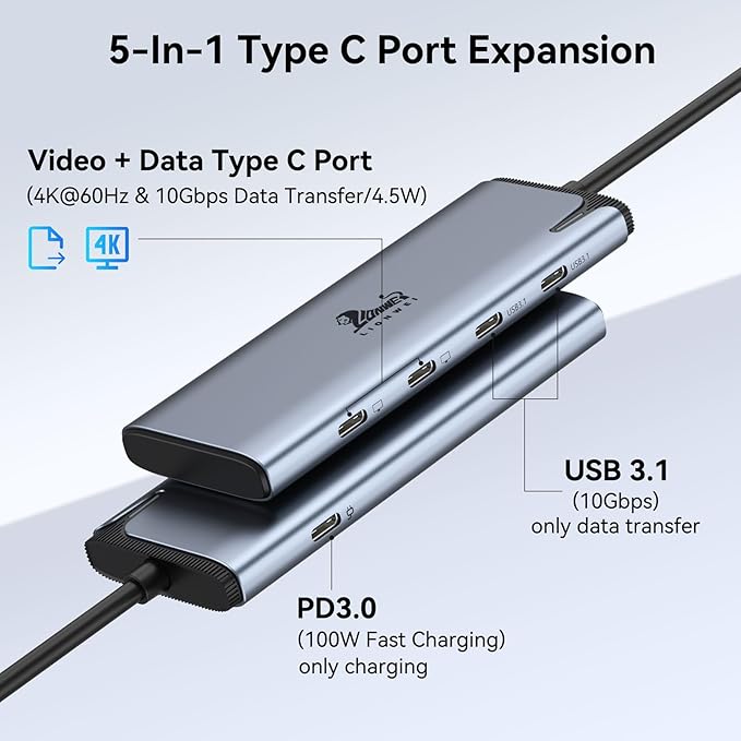 USBC to USBC Hub, LIONWEI USB C Splitter with Dual Type-C Video Output 4K@60Hz, 10Gbps Data Transfer, 100W PD Charging, Dual Monitor Adapter Dongle for USB C Monitor, Windows, MacBook Pro/Air