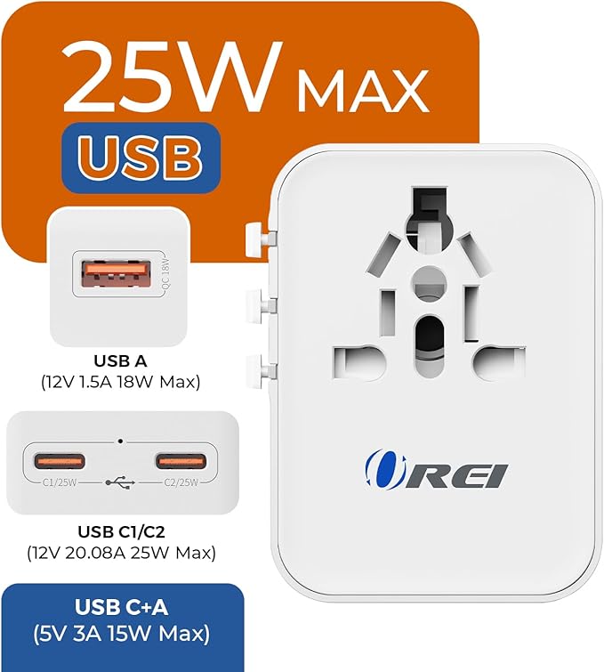 OREI 25Watt Universal Travel Adapter | 2X USBC 1XUSB A - 4-in-1 Universal Power Adapter | Universal Chargers for All Devices compatible 150+ Countries | Type C, A, G, I Compatible