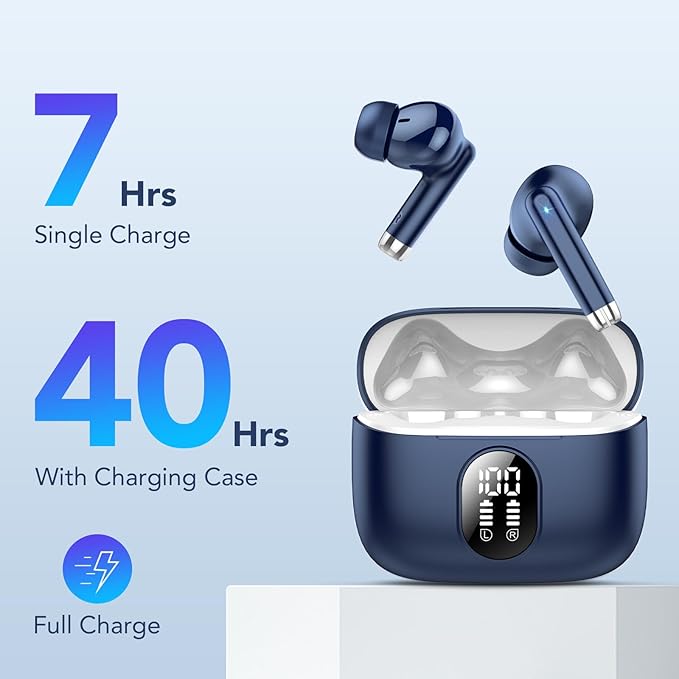 Wireless Earbuds, 2025 New Bluetooth 5.4 Headphones HiFi Stereo with 4 ENC Mic, 40H Mini Ear Buds In-Ear Noise Cancelling Earbuds with LED Screen, Ultra Light Bluetooth Earphones Blue for Android iOS