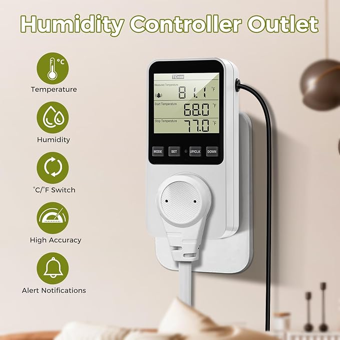 Diymore 1800W Plug in Digital Thermostat Temperature and Humidity Controller Electric Digital Thermostat Heating CoolingMode Timer 120V 15A 20~95% Dehumidifier Humidistat Controller