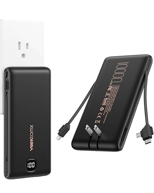 Portable Charger Power Bank Built in Cables and Wall Plug, 10000mAh iPhone Battery Pack Fast Charging, USB C External Slim Power Bank, Travel Essentials Compatible with iPhone 16 15 14 13 iPad, Black
