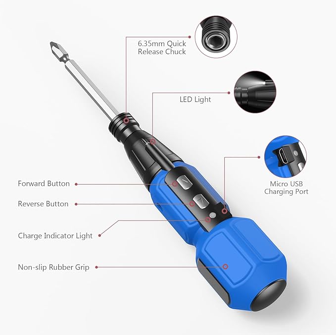 LOFICOPER Electric Screwdriver Set, Mini Cordless Screwdriver Kit with Bit Holders, LED Work Light, USB Charging Cable, for Phones, PC, Glasses, Small Projects, Blue