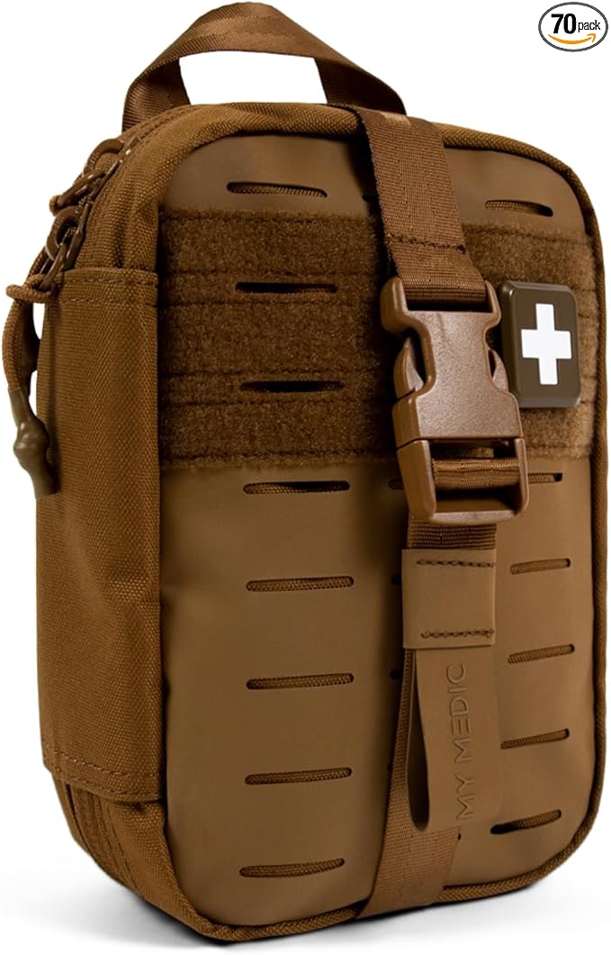 My Medic MyFak Mini Pro First Aid Kit - Small and Lightweight for Camping Hiking and Backpacking - 70 Items IFAK with Tourniquet - HSA/FSA Eligible Great for Travel - Coyote