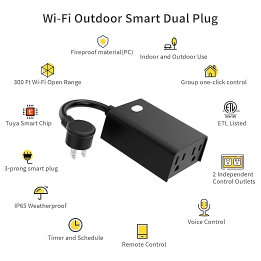 Minoston Outdoor Smart Plug Wi-Fi Plugs Outlet with 2 Individual Control Sockets, Weather-Resistance, Work with Alexa, Google Assistant, 125V, 2.4 GHz Wireless Frequency, No Hub Required (MP24W)