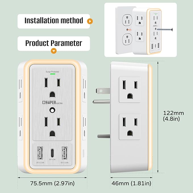 USB Wall Charger Surge Protector, Super Electro 6 Outlet Extender with 3 USB Charging Ports (5V 3.4A Total) and Night Light, 3-Sided 1500J Multi Plug Wall Outlet for Home, Office, ETL Listed