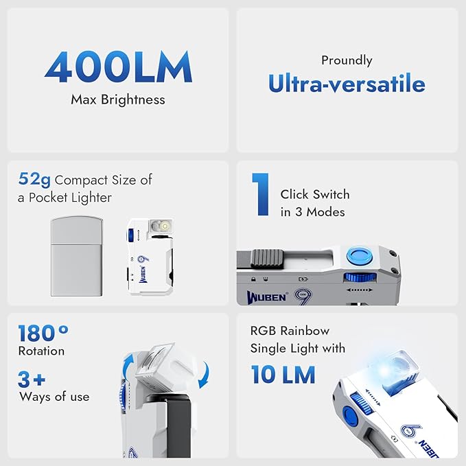 WUBEN G5 Rechargeable EDC Flashlight, 400 Lumens Dual Light Sources Mini Flashlight with RGB Light, Portable Flat Pocket Flashlights, Magnetic Keychain Flashlight
