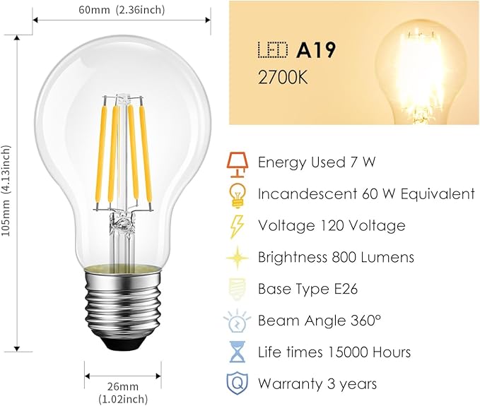 LVWIT A19 LED Vintage LED Filament Bulb E26 Base Dimmable 7W (60W Equivalent)，2700K Warm White 800 Lumens，Omnidirectional, UL-Listed, 24PCS