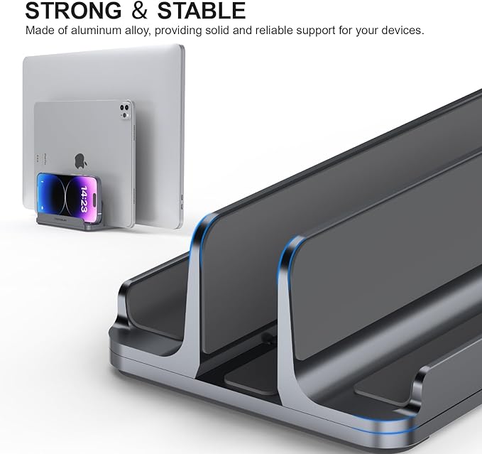 3-Slot Aluminum Vertical Laptop Stand for Desk - Adjustable Width Dock for MacBook, Surface, Samsung, HP, Dell up to 17.3 inches - Space-Saving & Protective Design - Gray