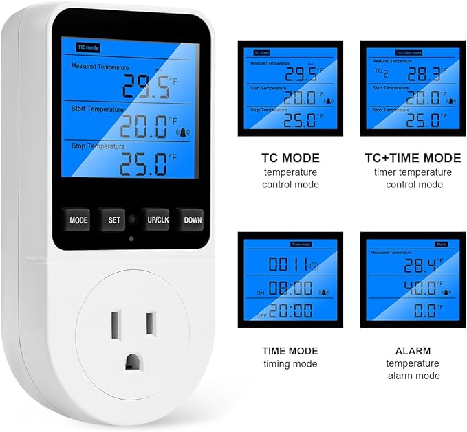 Diymore Plug in Digital Thermostat Temperature Controller Electric Digital Thermostat Heating Cooling Control Mode Timer 1800W 120V 15A Greenhouse Heater with Thermostat Backlit Display