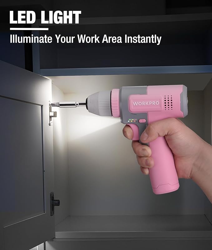 WORKPRO Pink Cordless 8V Drill Driver Set, 2Ah Electric Power Drill with 3/8'' Keyless Chuck, 15pcs Bits & 1 Type-C Charging Cord for Drilling and Screwing - Pink Ribbon