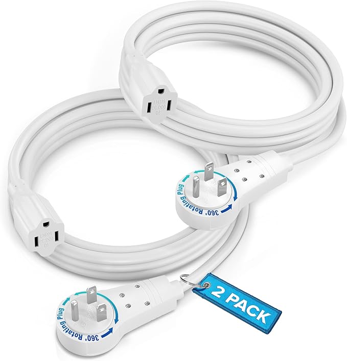 Maximm Extension Cord 6 Feet White (2 Pack) Flat Plug, 360° Rotating Short Power Cord Single Outlet, Indoor 16 Gauge 3 Prong Grounded Wire UL Certified
