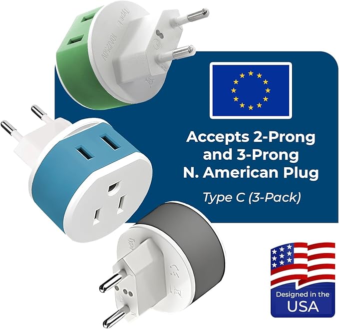OREI European Power Plug Adapter, with 2 USA Inputs - Travel 3 Pack - Type C (US-9C) - Turkey, Italy, Iceland, and More - Safe Grounded Use with Cell Phones, Laptop, Camera Chargers, CPAP, and More
