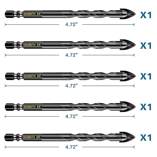 5 Pcs 3/8" Masonry Concrete Drill Bit Set for Tile Brick Glass Plastic Wood, Cross Tungsten Carbide Tip, Hex Shank, Work with Ceramic Porcelain Tile Wall Mirror Paver, 3/8 Inch Drill Bits, 10mm